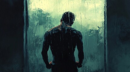 Fototapeta premium Solitary Figure with Muscular Back Standing Against a Rain-Soaked Glass Pane in a Dimly Lit Room