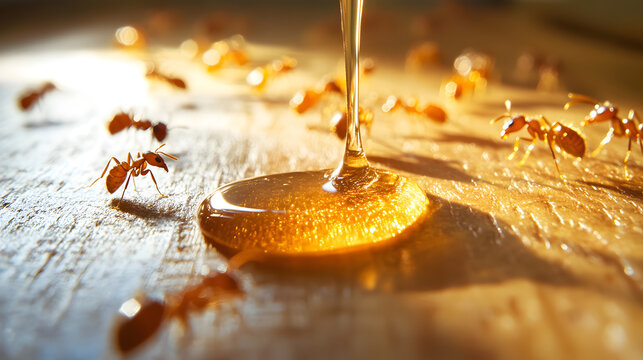 Ghost ants exploring a kitchen countertop, with a drop of honey glistening in the morning light. --ar 16:9