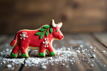 Festive Red Bull-Shaped Cookie Decorated with Green Holly and Snowflakes on Wooden Surface