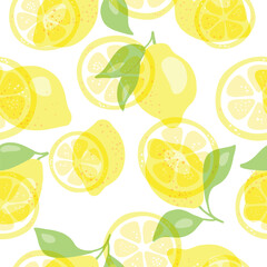 Fresh yellow fruits of lemon, lime, with green leaves and flowers. Seamless citrus texture on a white background. Whole lemon slice. Doodle Minimal Style. Black line. Vector illustration.