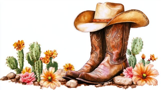 Watercolor Cowboy Boots And Hat With Cacti And Flowers On A White Background. Wild West Themed Illustration.