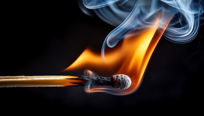 Macro shot of a single burning matchstick, with wisps of smoke swirling in high detail, capturing the delicate motion and texture of the flame and smoke.
