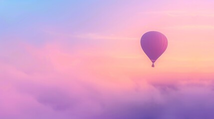 Fototapeta premium A hot air balloon flying above a pink and blue sky with fluffy clouds.