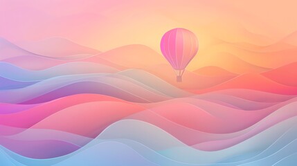 Obraz premium A pink hot air balloon floating over a colorful, layered, abstract landscape.