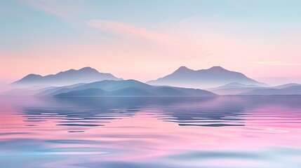 A calming image of a misty mountain range reflected in a still lake under a pink and blue sky.