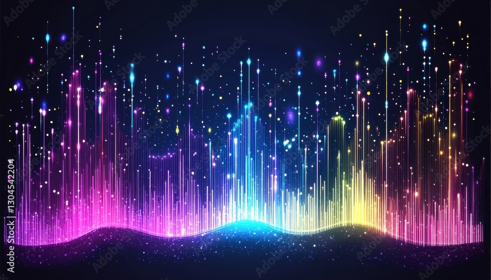 Poster vibrant financial data visualization colorful column chart and line graphs on dark background