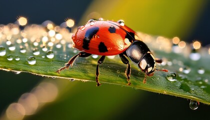 Naklejka premium Macro shot of a ladybug’s tiny legs gripping a leaf covered in morning dew, capturing the intricate details of the insect and the delicate droplets on the surface. 
