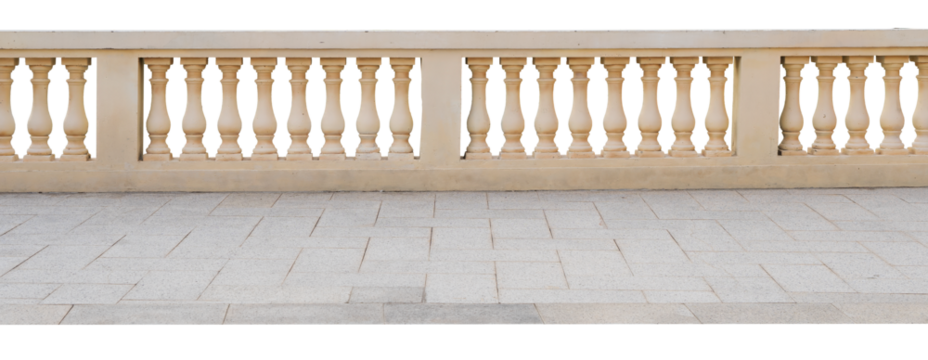 Classic stone italian balustrade. Balustrade, terrace, porch or balcony railing, fencing sections with baluster. 