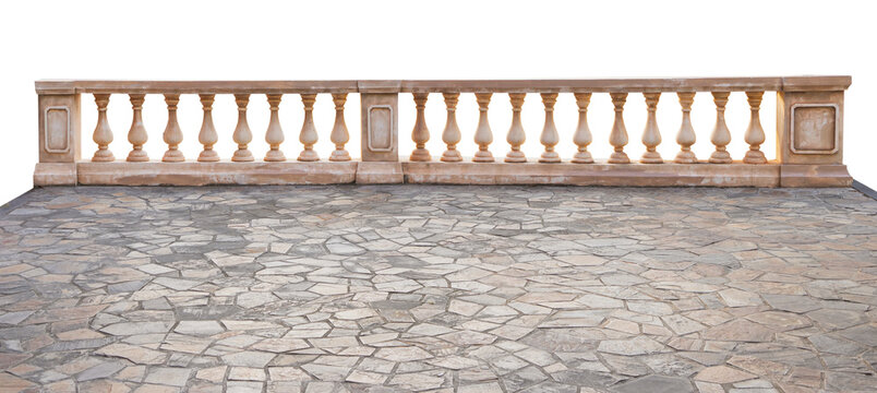Classic stone italian balustrade. Balustrade, terrace, porch or balcony railing, fencing sections with baluster. 