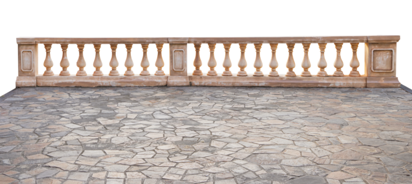 Classic stone italian balustrade. Balustrade, terrace, porch or balcony railing, fencing sections with baluster. 