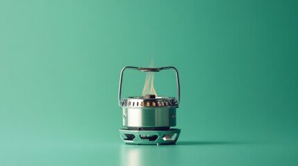 Professional product shot of compact camping stove, soft pastel mint green background, dramatic side lighting highlighting metallic details, ultra sharp focus on burner design, subtle reflection