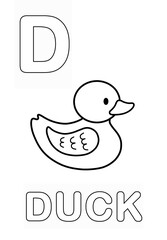 Alphabet Coloring Page for Kids. Children's Coloring Activity sheet. Cute Duck Illustration to Color.	