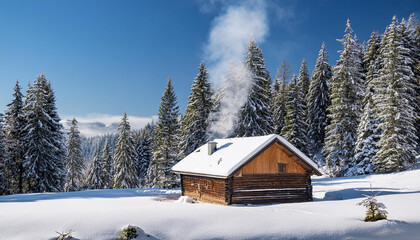 Old Wooden Cabin in the Snowy Mountains