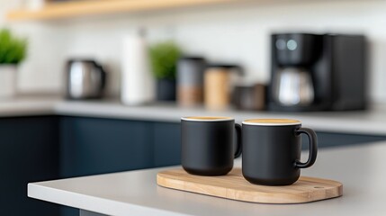 Stylish Black Coffee Mugs on a Modern Kitchen Countertop