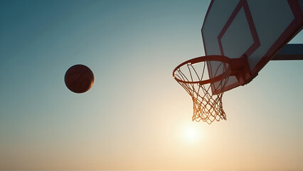 Dynamic Basketball Arc Against Serene Sunset Sky