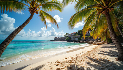 Stunning tropical beach with palm trees and turquoise waters, paradise