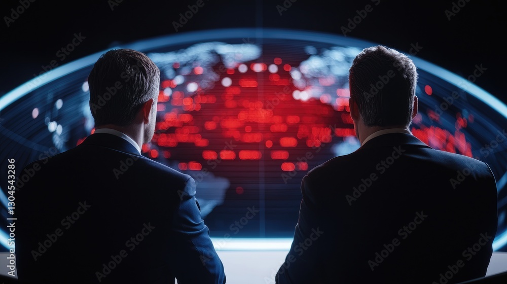 Poster two businessmen analyzing data on a digital world map display