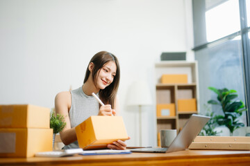 Young business owner woman prepare parcel box and standing check online orders for deliver