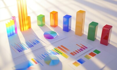 Fototapeta premium Many charts and graphs. Reflection light and flare. Concept image of data gathering and statistical working.