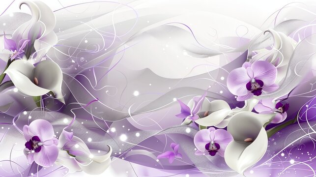 Purple and white flowers on a swirling purple background.