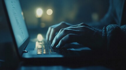 Hands type on laptop; lights out of focus. Can be used for late-night work