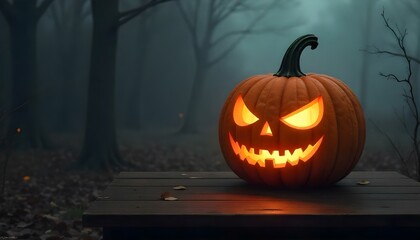 Obraz premium A Halloween pumpkin with a scary face on a wooden table, in a digital painting, with a dark and moody atmosphere
