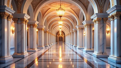 Naklejka premium Elegant White Columns and Arches in a Spacious Corridor - Low Light Architecture Photography