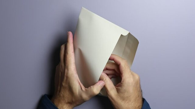 Close up view of man's hands, envelope and Malaysian ringgit (MYR) cash money banknotes. Concept of corruption, tax cheating, illegal income, financial fraud, bribe, unofficial salary in Malaysia.