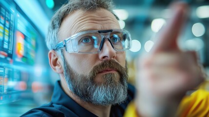 Focused engineer analyzing data with augmented reality interface in modern industrial setting