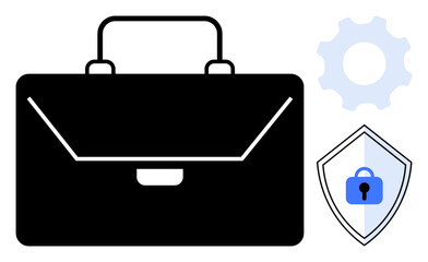 Black briefcase, blue shield with lock, grey gear icon communicating business security, protection, management. Ideal for business operations, corporate security, data protection, technology