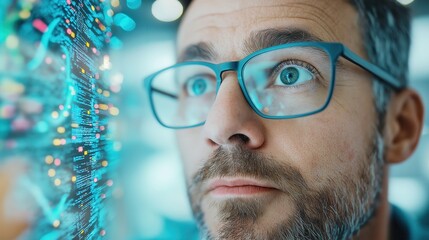 Focused professional analyzing digital data streams with a futuristic user interface, highlighting technology and innovation in modern workspaces