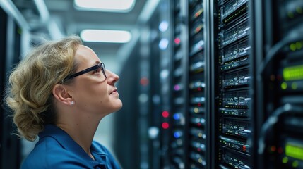 Focused it specialist analyzing server rack in modern data center, showcasing technology and female empowerment in tech industry