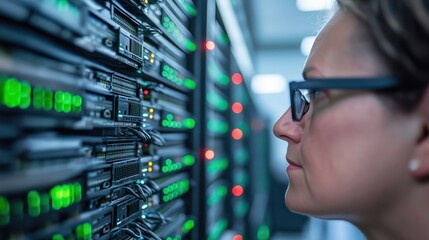 Technician analyzing data server performance amongst rows of illuminated digital equipment in modern data center environment