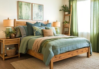 Serene bedroom with wooden bed, green bedding, and plants.