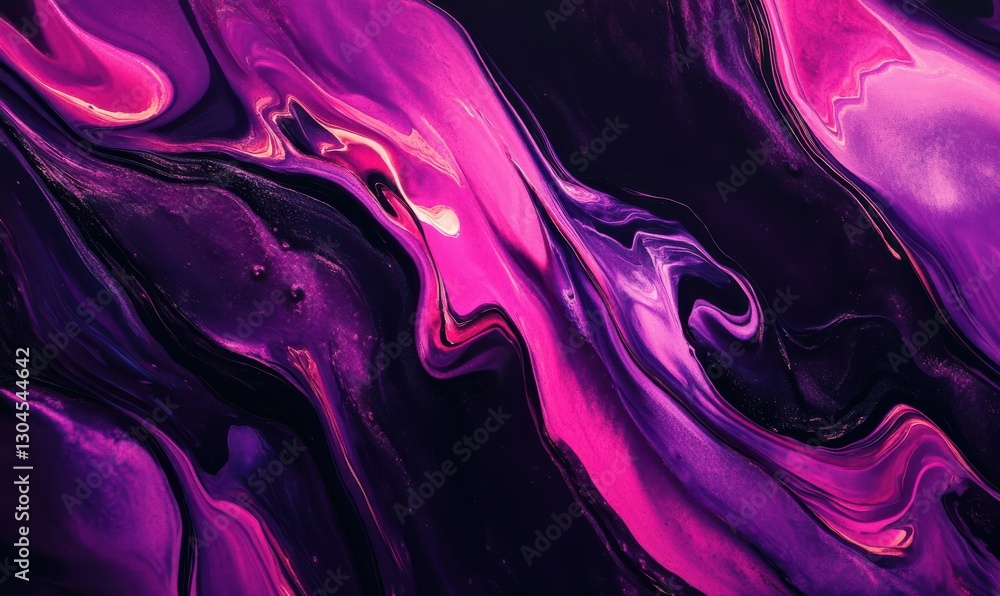 Poster abstract artistic splash of vivid purple and pink paint blending dynamically on a black canvas, crea