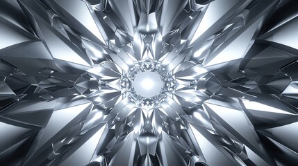 Abstract, symmetrical geometric design in metallic silver.