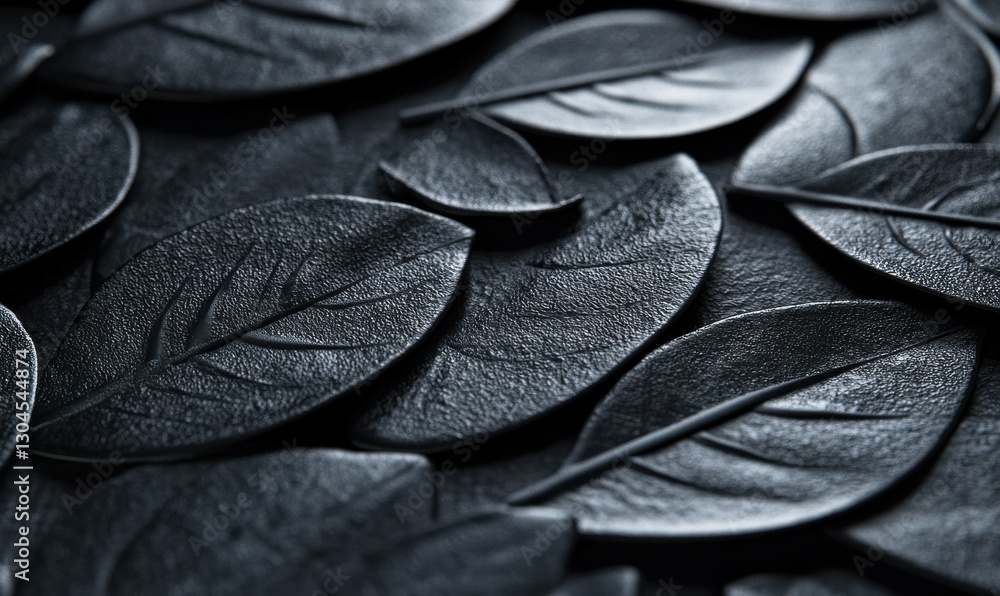 Poster abstract close-up of black textured leaves illuminated by subtle light creating a sleek and modern n