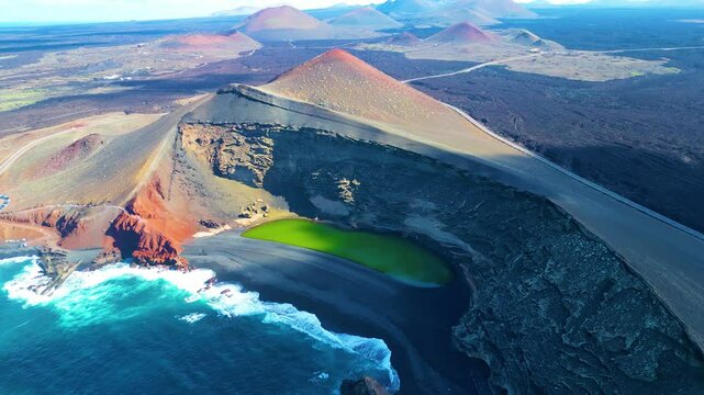 4K Aerial Drone Footage of Green Lake (Charco de los Clicos) and Atlantic Coastline in Lanzarote