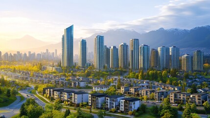Naklejka premium Expansive cityscape panorama featuring sleek glass skyscrapers in foreground, suburban residential area with identical houses stretching toward distant mountains, winding roads connecting districts,