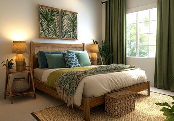 Serene bedroom with wooden bed, tropical decor, and natural light.