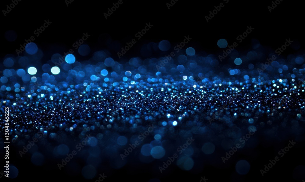 Poster abstract composition of shimmering blue glitter particles glowing softly on a dark background, illum