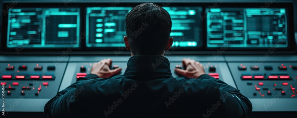 Poster business intelligence analytics real-time concept. a person operates a control panel with multiple s
