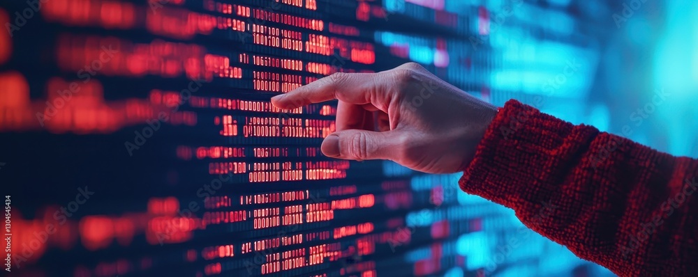 Aufkleber business intelligence analytics real-time concept. a hand interacts with a vibrant digital display o