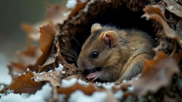 Dormouse nestled in a cozy burrow, surrounded by autumn leaves and light snow 