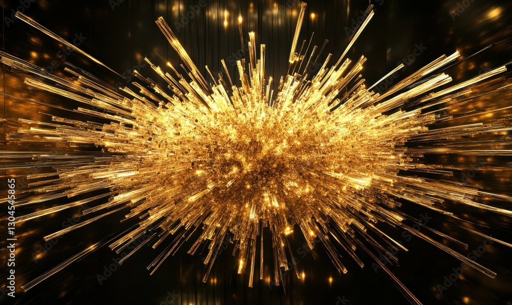 Poster abstract explosion of golden particles creating a dynamic visual against a sleek black background, s