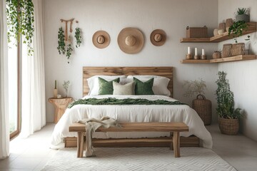 Serene bedroom with wooden furniture, plants, and natural textures.