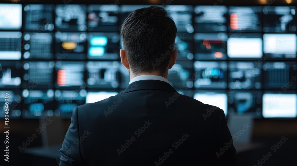 Poster business intelligence analytics real-time concept. a business professional observes multiple screens