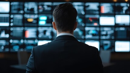 Fototapeta premium Business intelligence analytics real-time concept. A business professional observes multiple screens displaying data and analytics in a high-tech environment.
