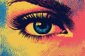 Halftone collage of an eye on vibrant backdrop, stylish magazine cutout, retro pop art aesthetic, grunge design for modern art lovers and graphic creators