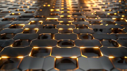 Obraz premium A close-up of a geometric pattern of hexagonal shapes with glowing orange lines in the middle.